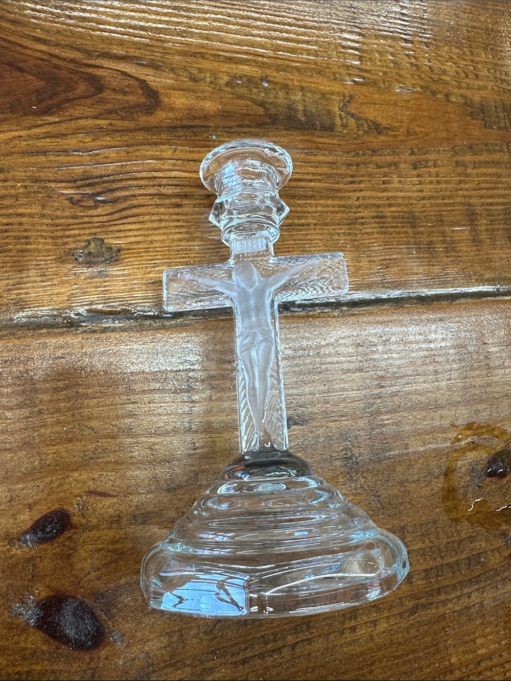 Clear Glass Jesus on the Cross Candle Holder